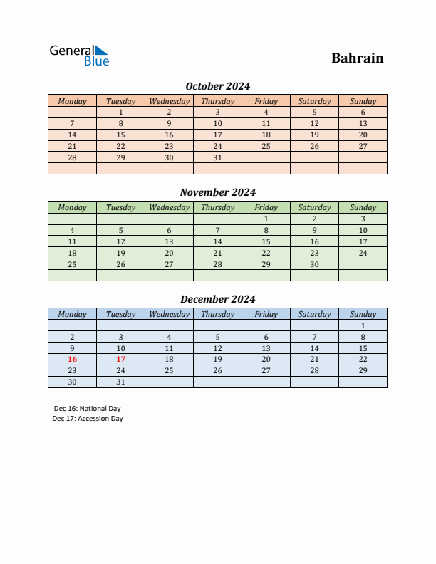 Q4 2024 Holiday Calendar - Bahrain