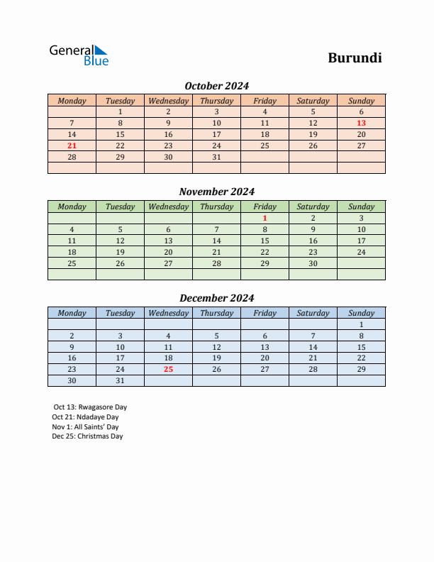 Q4 2024 Holiday Calendar - Burundi