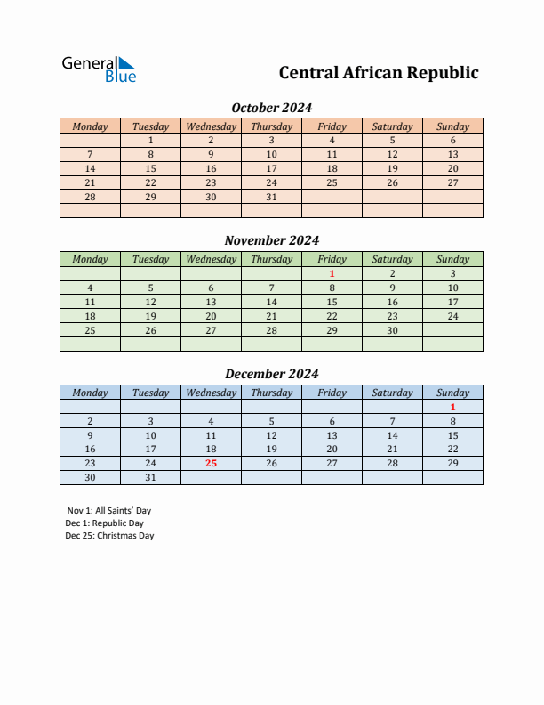 Q4 2024 Holiday Calendar - Central African Republic