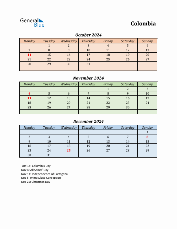 Q4 2024 Holiday Calendar - Colombia