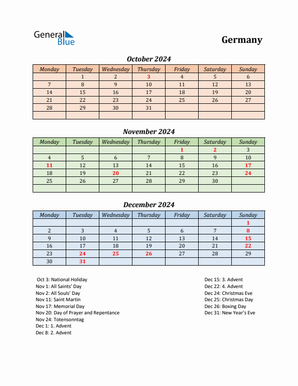 Q4 2024 Holiday Calendar - Germany