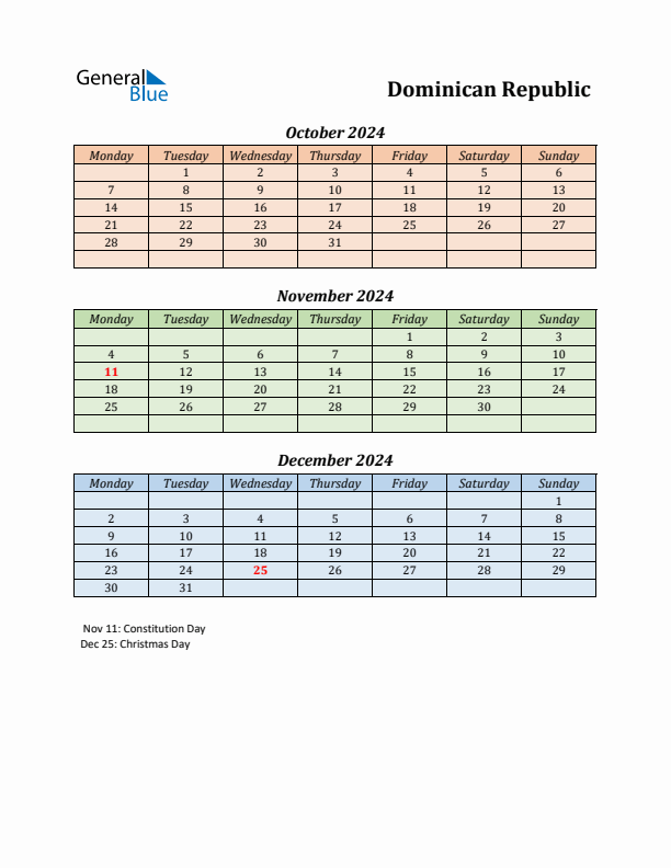 Q4 2024 Holiday Calendar - Dominican Republic