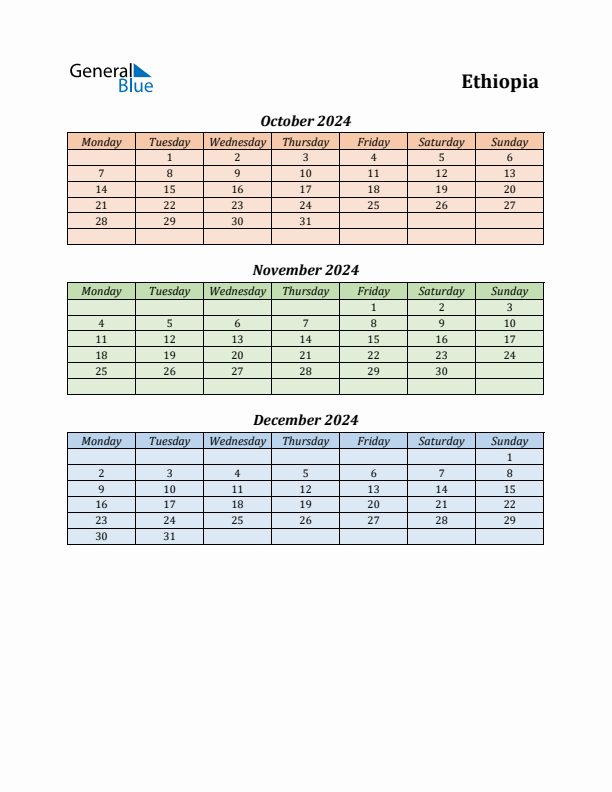 Q4 2024 Holiday Calendar - Ethiopia