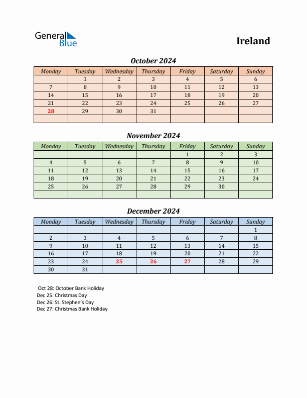 Q4 2024 Holiday Calendar - Ireland