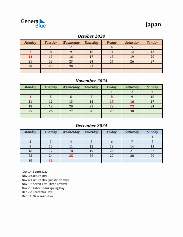 Q4 2024 Holiday Calendar - Japan