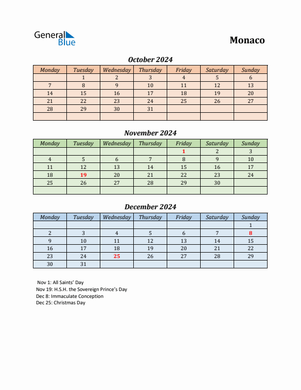 Q4 2024 Holiday Calendar - Monaco