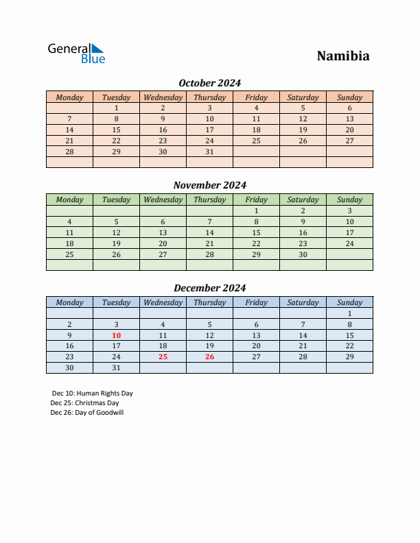 Q4 2024 Holiday Calendar - Namibia