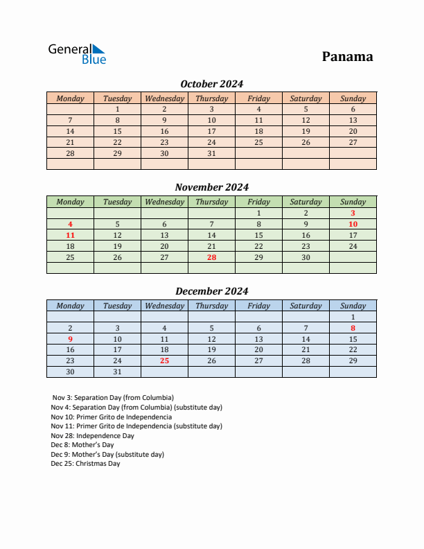 Q4 2024 Holiday Calendar - Panama