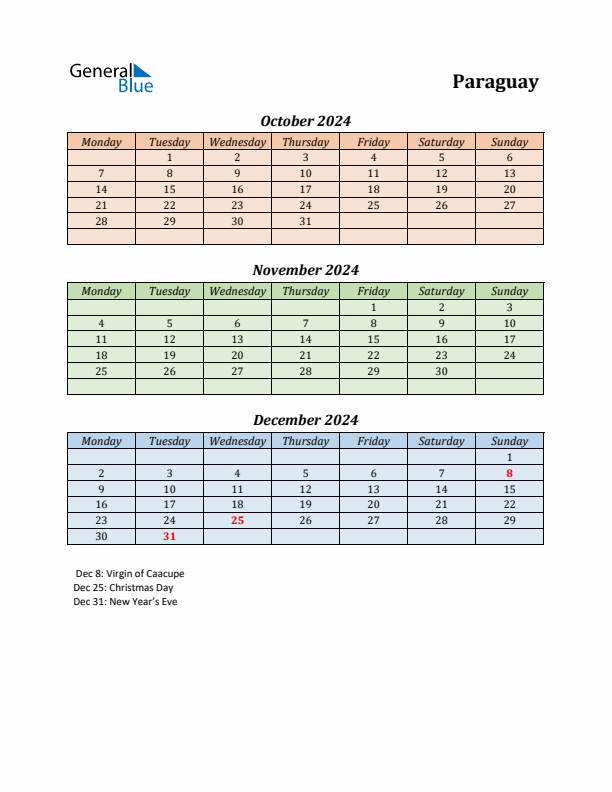 Q4 2024 Holiday Calendar - Paraguay