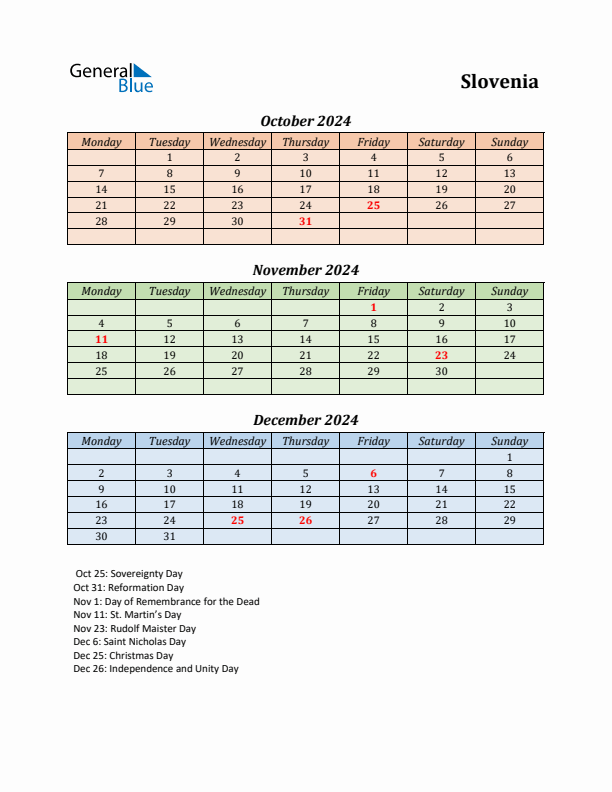 Q4 2024 Holiday Calendar - Slovenia