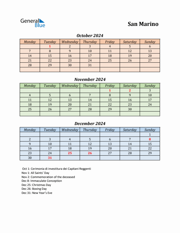 Q4 2024 Holiday Calendar - San Marino