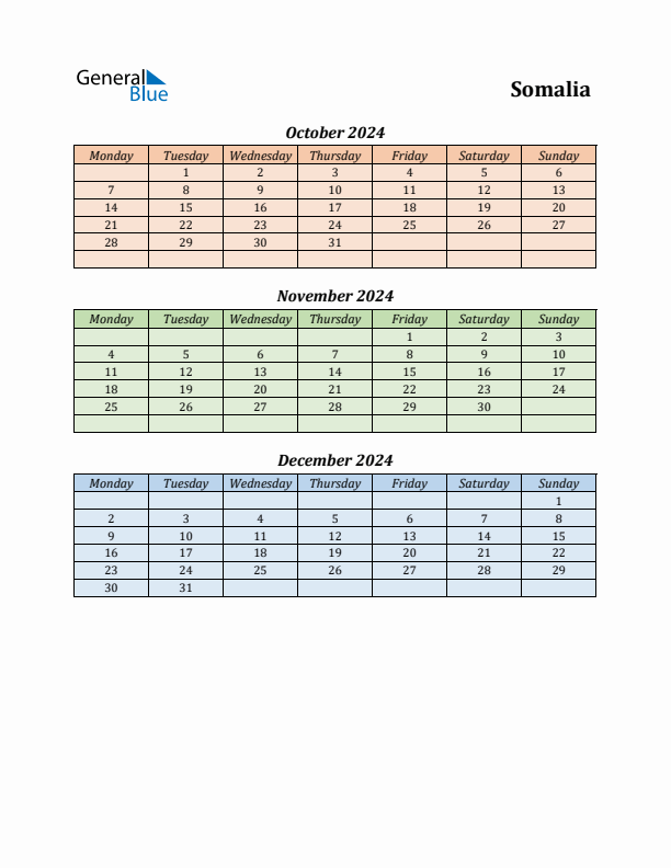 Q4 2024 Holiday Calendar - Somalia