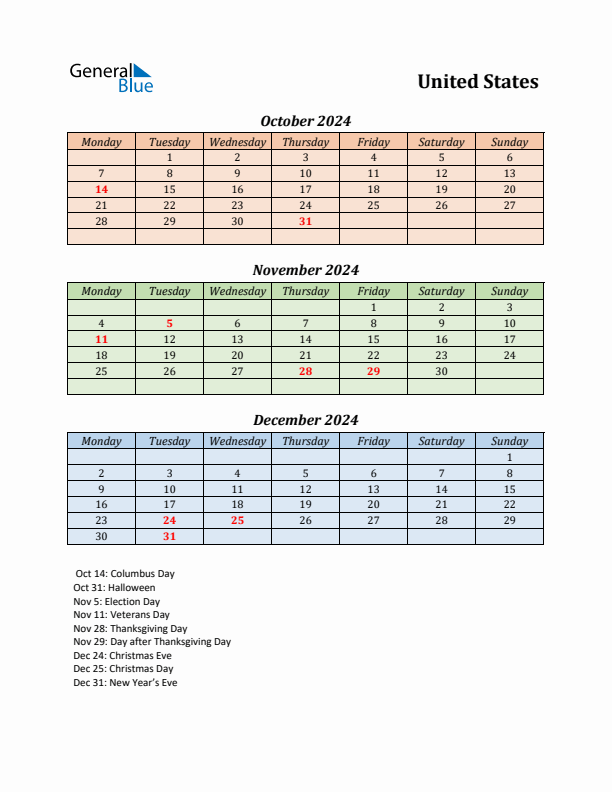 Q4 2024 Holiday Calendar - United States