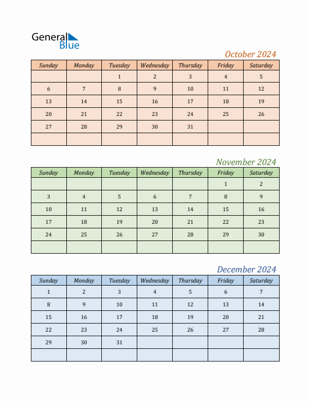 Three-Month Calendar for Year 2024 (October, November, and December)