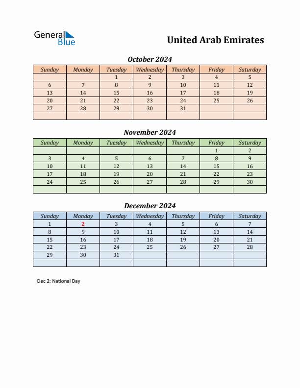 Q4 2024 Holiday Calendar - United Arab Emirates