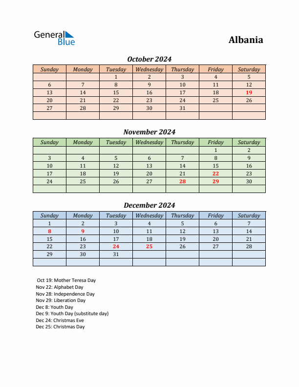 Q4 2024 Holiday Calendar - Albania