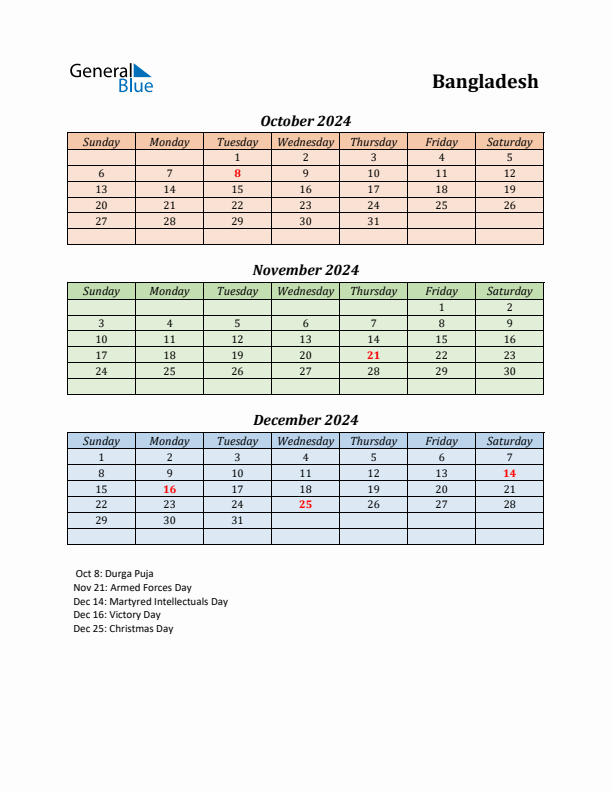 Q4 2024 Holiday Calendar - Bangladesh