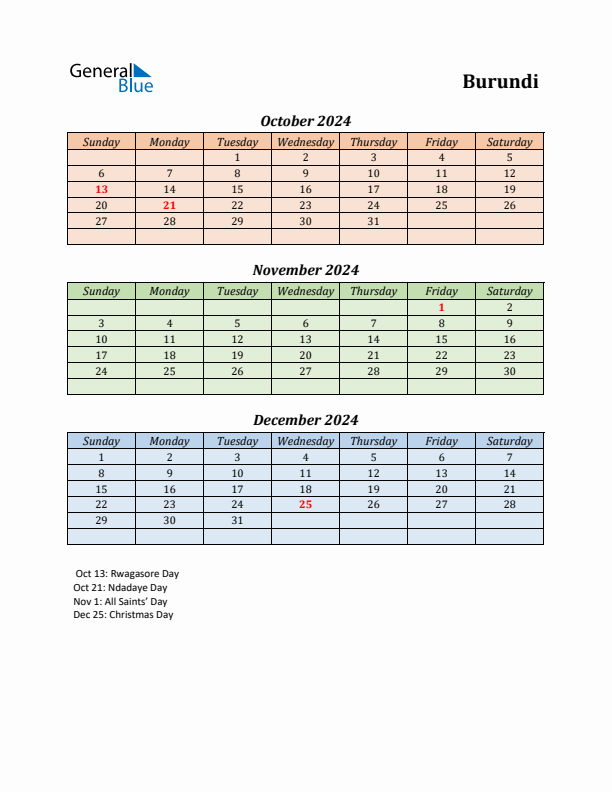 Q4 2024 Holiday Calendar - Burundi