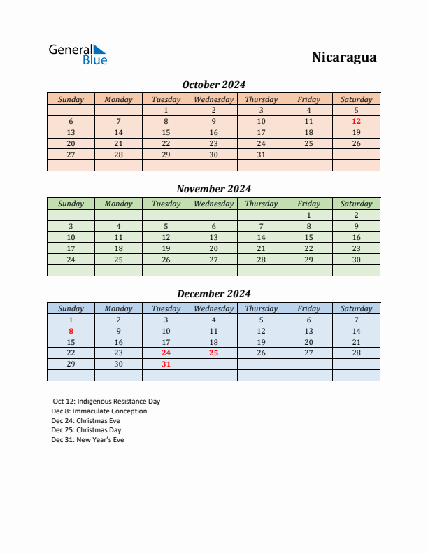 Q4 2024 Holiday Calendar - Nicaragua