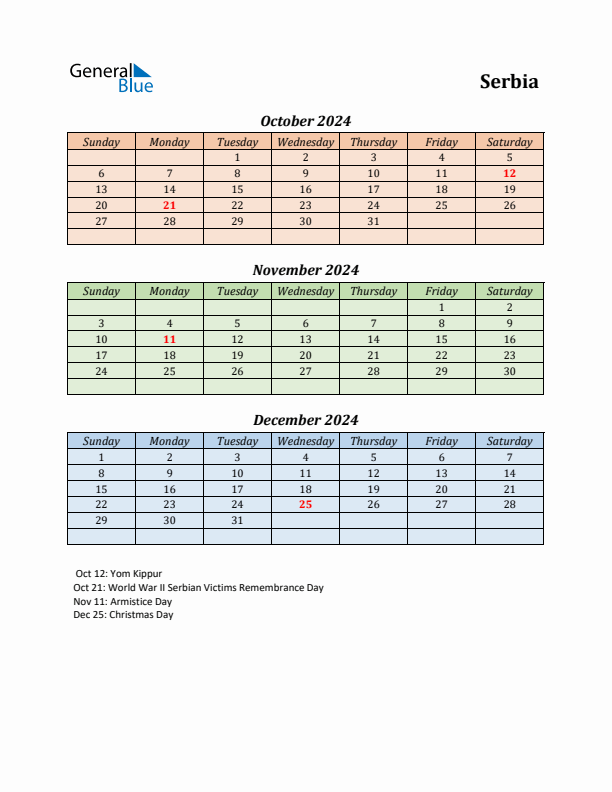 Q4 2024 Holiday Calendar - Serbia