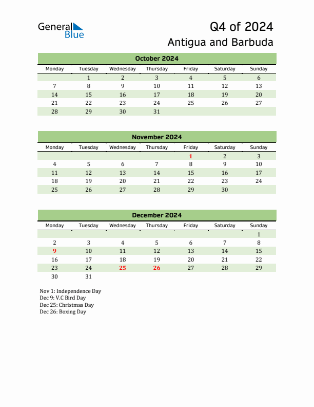 Quarterly Calendar 2024 with Antigua and Barbuda Holidays