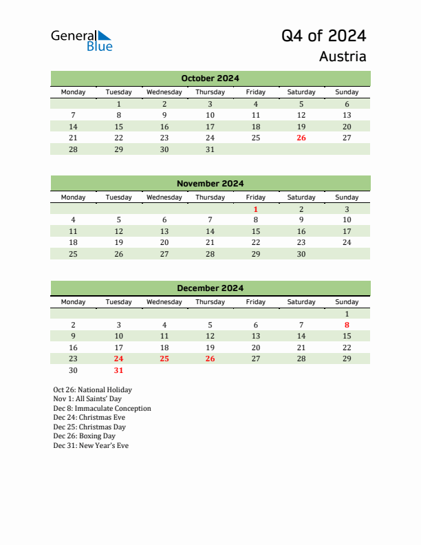 Quarterly Calendar 2024 with Austria Holidays