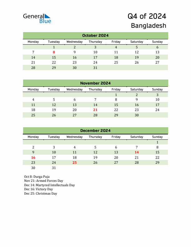 Quarterly Calendar 2024 with Bangladesh Holidays