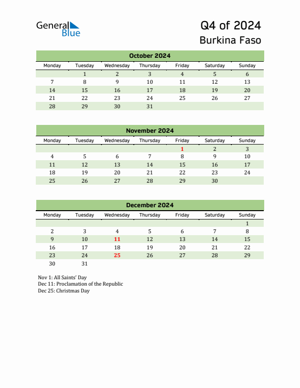 Quarterly Calendar 2024 with Burkina Faso Holidays