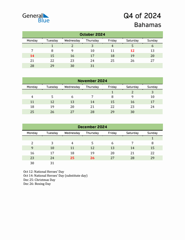 Quarterly Calendar 2024 with Bahamas Holidays