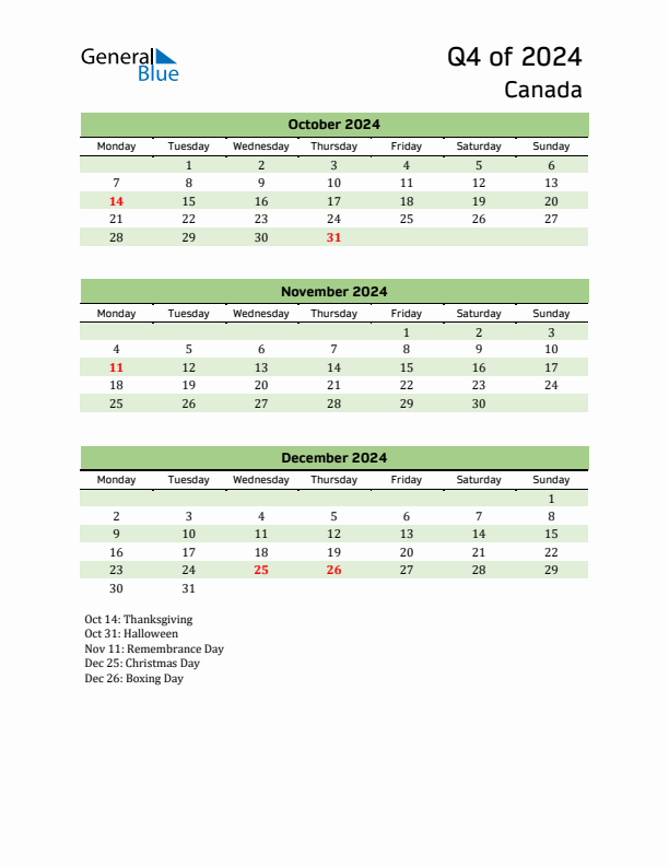 Quarterly Calendar 2024 with Canada Holidays