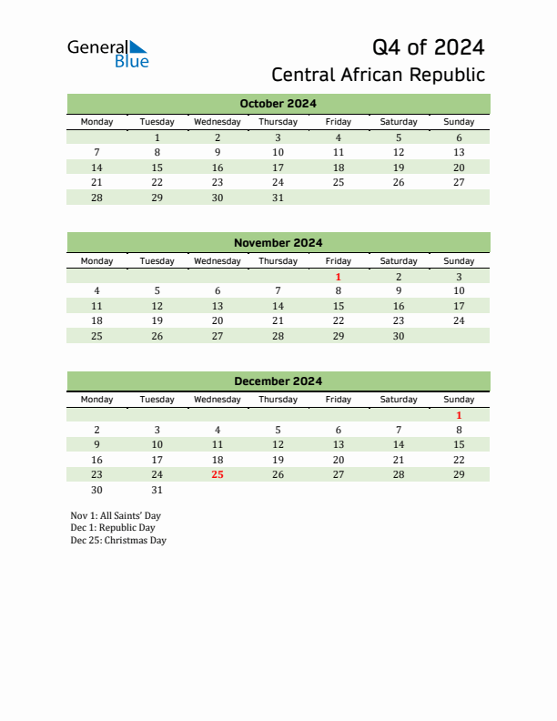 Quarterly Calendar 2024 with Central African Republic Holidays