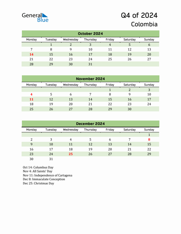 Quarterly Calendar 2024 with Colombia Holidays