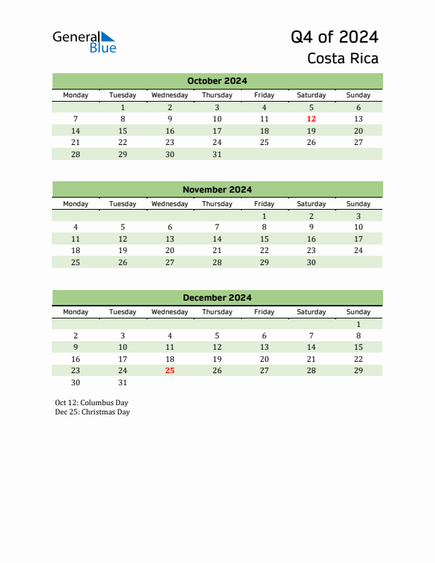 Quarterly Calendar 2024 with Costa Rica Holidays