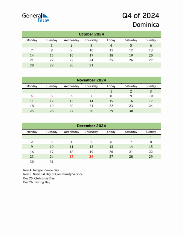 Quarterly Calendar 2024 with Dominica Holidays