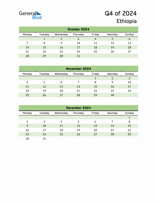 Quarterly Calendar 2024 with Ethiopia Holidays