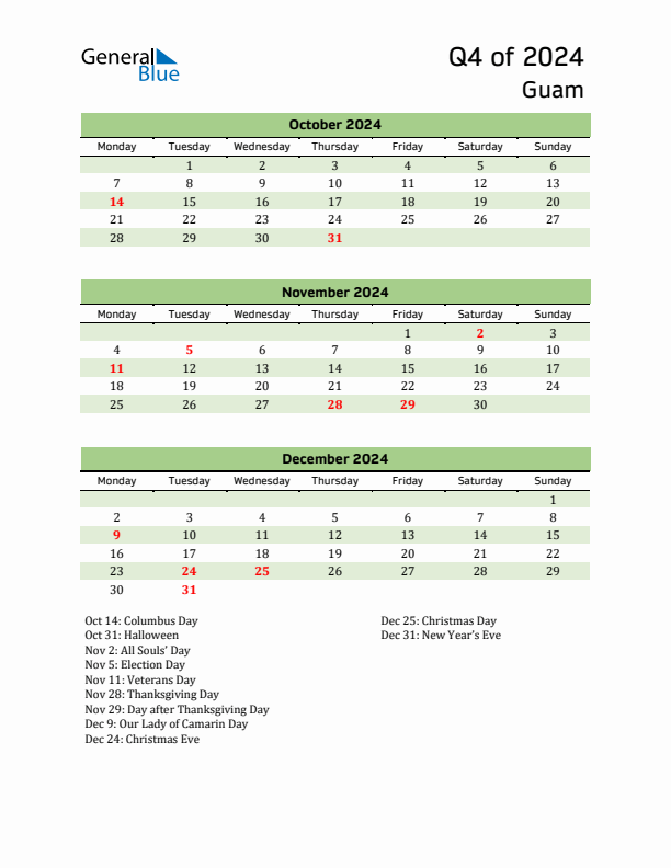 Quarterly Calendar 2024 with Guam Holidays