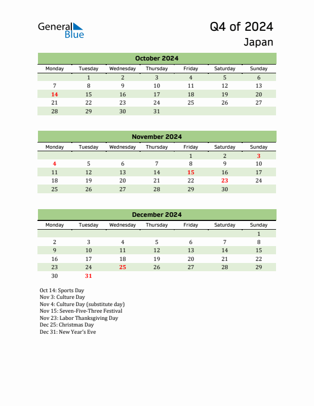 Quarterly Calendar 2024 with Japan Holidays