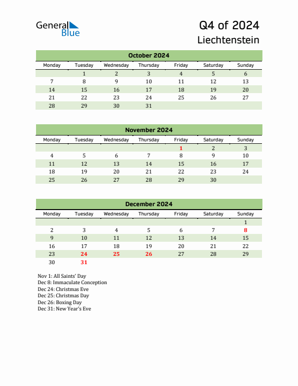 Quarterly Calendar 2024 with Liechtenstein Holidays