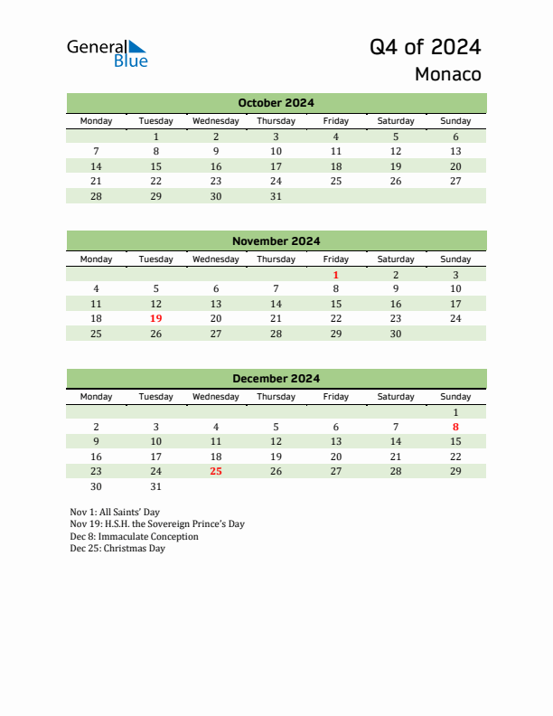 Quarterly Calendar 2024 with Monaco Holidays