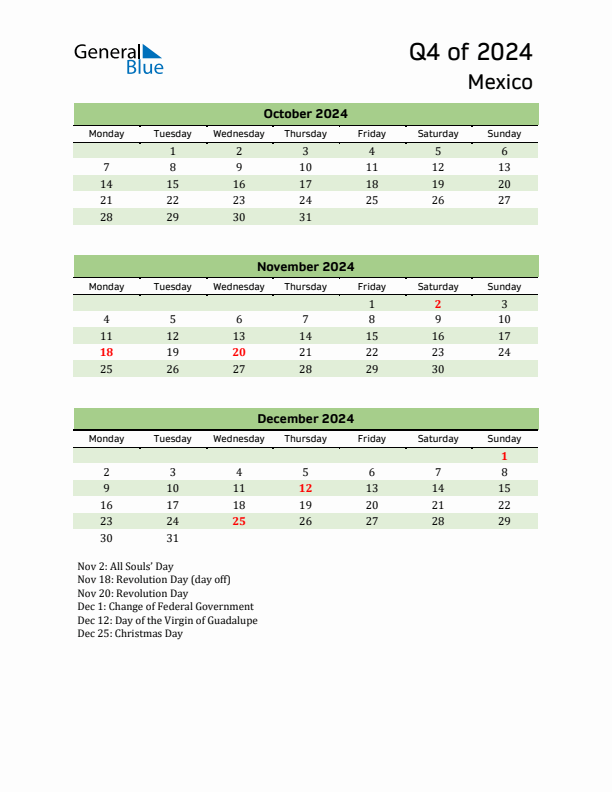 Quarterly Calendar 2024 with Mexico Holidays