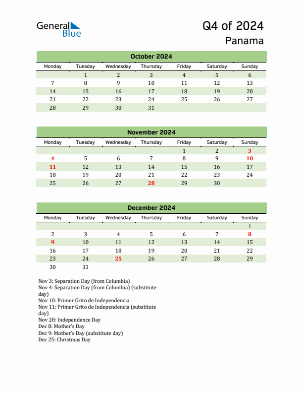 Quarterly Calendar 2024 with Panama Holidays