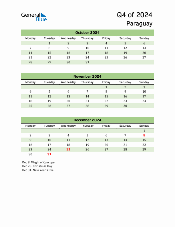 Quarterly Calendar 2024 with Paraguay Holidays