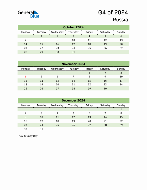 Quarterly Calendar 2024 with Russia Holidays