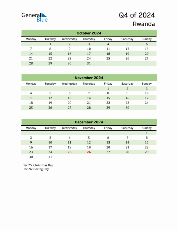 Quarterly Calendar 2024 with Rwanda Holidays