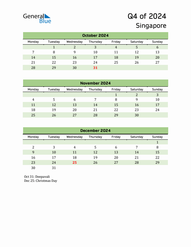 Quarterly Calendar 2024 with Singapore Holidays