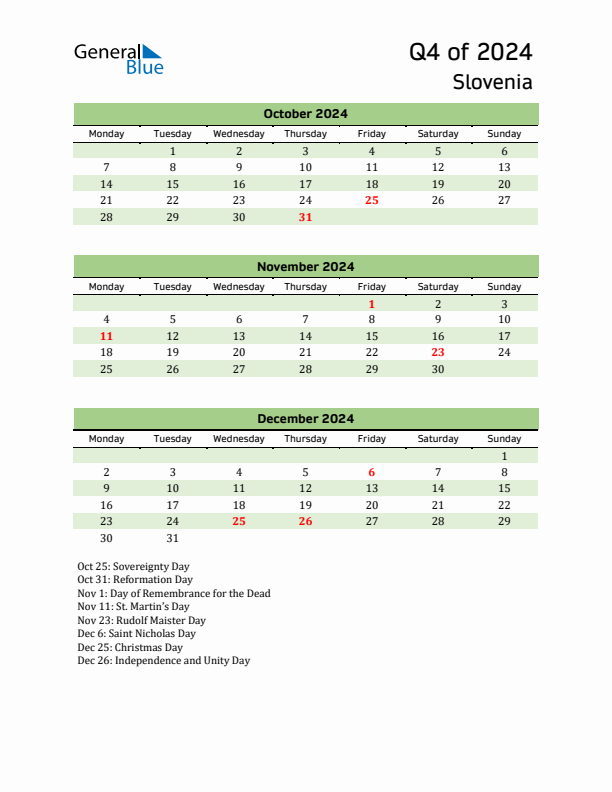 Quarterly Calendar 2024 with Slovenia Holidays