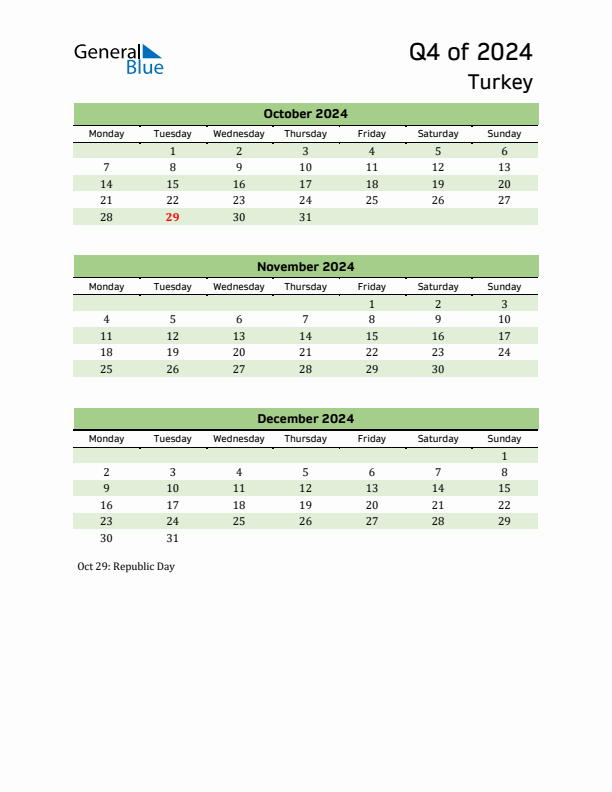 Quarterly Calendar 2024 with Turkey Holidays