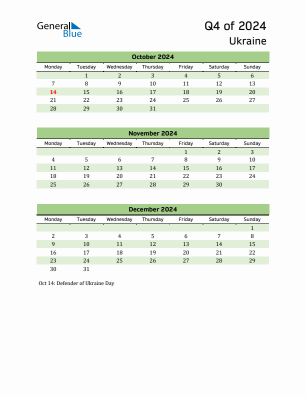 Quarterly Calendar 2024 with Ukraine Holidays