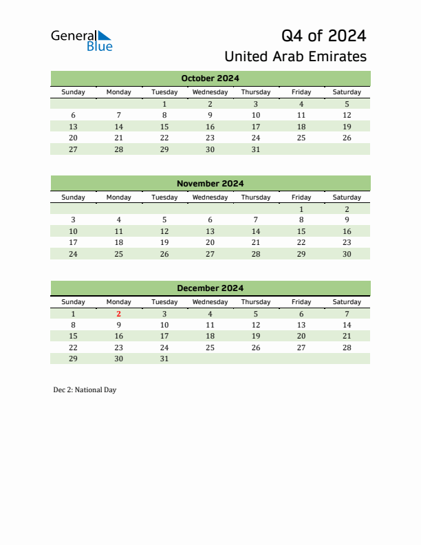 Quarterly Calendar 2024 with United Arab Emirates Holidays