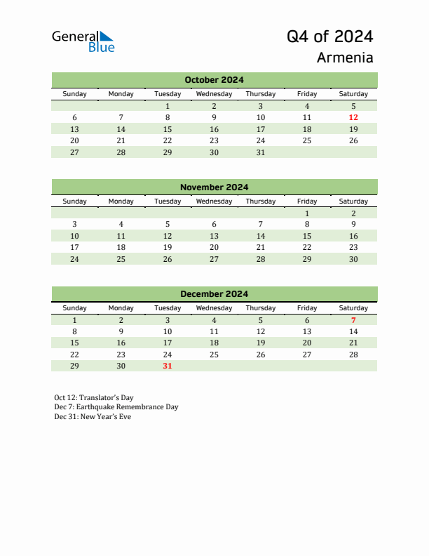 Quarterly Calendar 2024 with Armenia Holidays